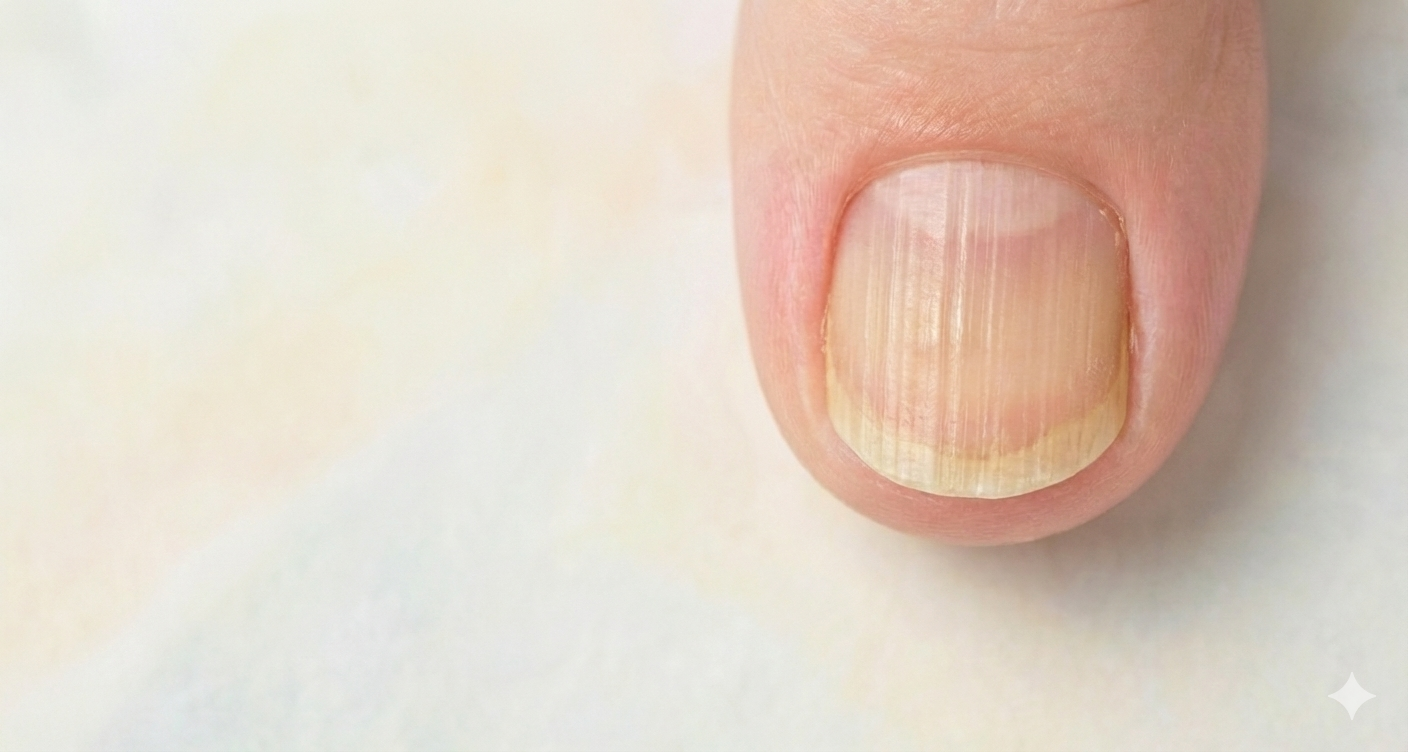 Ongle strié et fragilisé avec jaunissement et stries verticales visibles